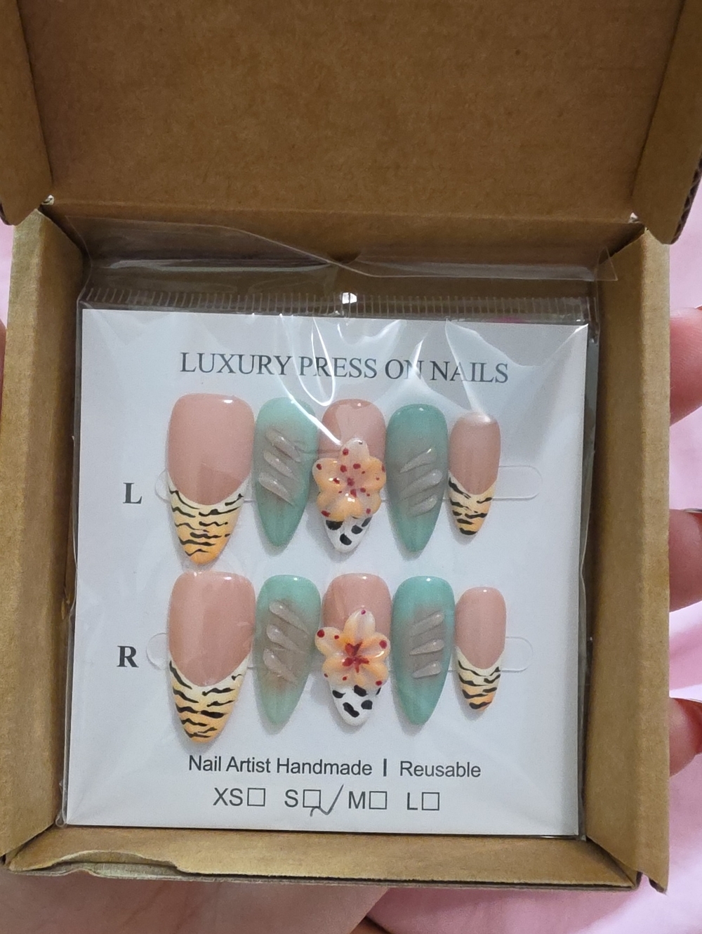 Luxury Peach & Mint Floral Press-On Nails with Zebra Tip Accents